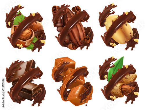 Chocolate bar, nuts, caramel, cocoa bean in chocolate splash. 3d realistic vector