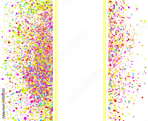 Multicolored pattern with random falling colored confetti on white background. Texture with glitters for design. Greeting cards. Explosion. Bright firework. Print for polygraphy and posters