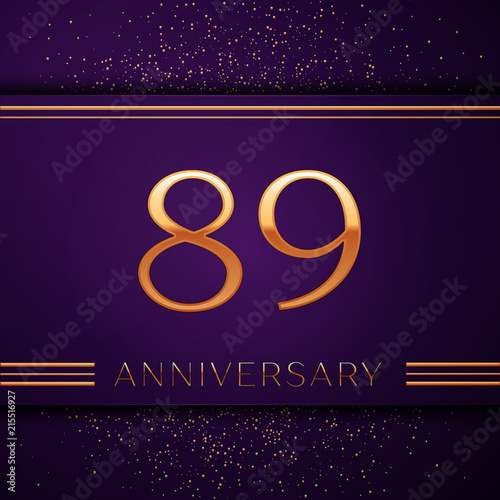 Realistic Eighty nine Years Anniversary Celebration design banner. Golden number and confetti on purple background. Colorful Vector template elements for your birthday party photo