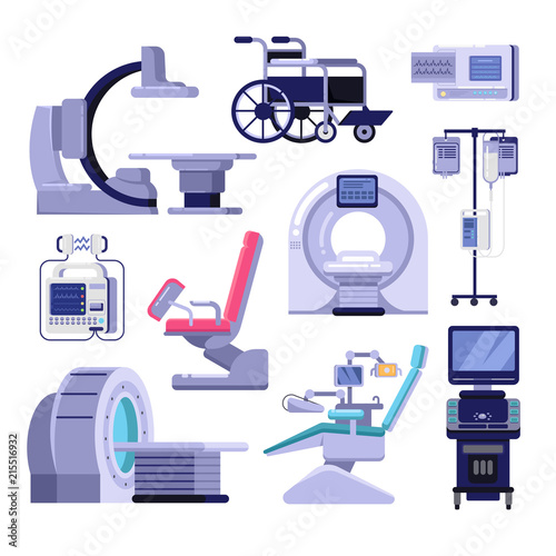 Medical diagnostic examination equipment. Vector illustration of MRI, gynecology and dentist chair, ultrasound machine.