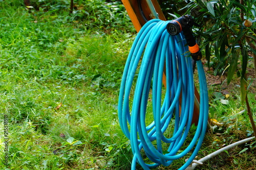 Garden hose for watering twisted and hanging on a background of green grass