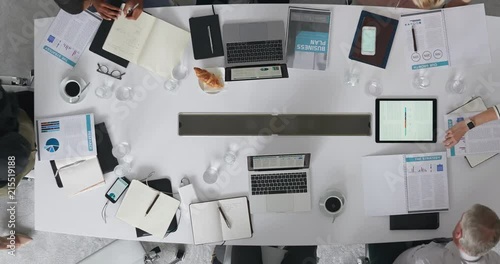 time lapse diverse marketing research team brainstorming ideas on successful business solution planning strategy using colorful note paper in modern boardroom top view track