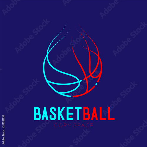 Basketball shooting fire logo icon outline stroke set dash line design illustration isolated on dark blue background with basketball text and copy space