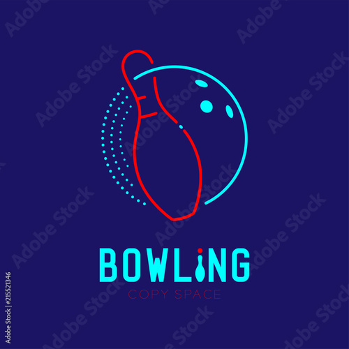 Bowling with pin logo icon outline stroke set dash line design illustration isolated on dark blue background with bowling text and copy space