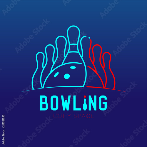 Bowling with pins logo icon outline stroke set dash line design illustration isolated on blue gradients background with bowling text and copy space