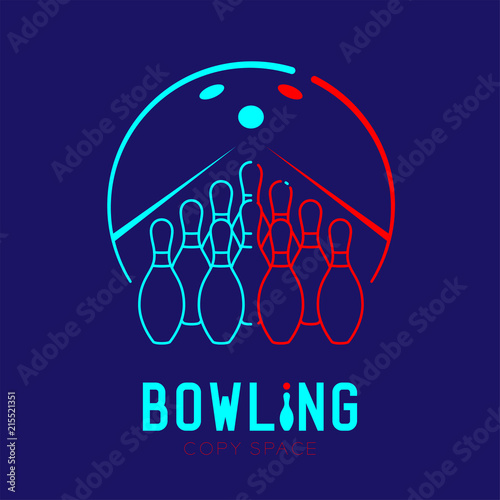 Bowling with pins logo icon outline stroke set dash line design illustration isolated on dark blue background with bowling text and copy space