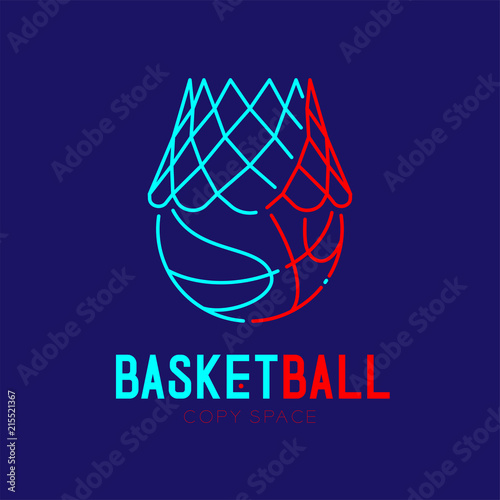Basketball in hoop logo icon outline stroke set dash line design illustration isolated on dark blue background with basketball text and copy space