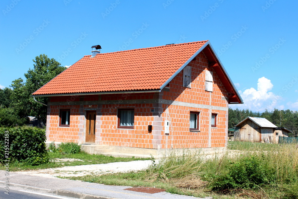 Small unfinished brick suburban family house with old wooden shed in background surrounded with high uncut grass, hedge and other garden vegetation on clear blue sky background