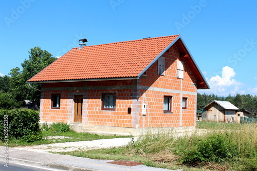Wallpaper Mural Small unfinished brick suburban family house with old wooden shed in background surrounded with high uncut grass, hedge and other garden vegetation on clear blue sky background Torontodigital.ca