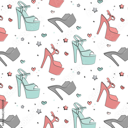 Woman pole dance print. Exotic slim girls shoes for dancing. Vector heels pattern for fitness, athlete, striptease dancers. Clubbing high heels platform shoes. Babe decoration texture