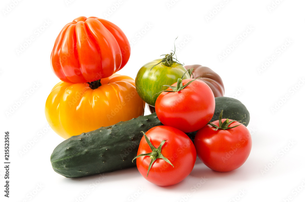 Verschiedene Tomaten und Landgurke Verschiedene Tomaten und Landgurke