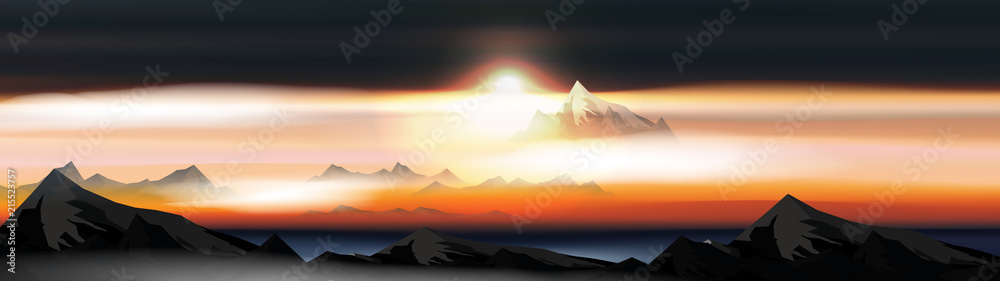 Mountains Over the Clouds Landscape at Sunset or Dawn Panorama  - Vector Illustration