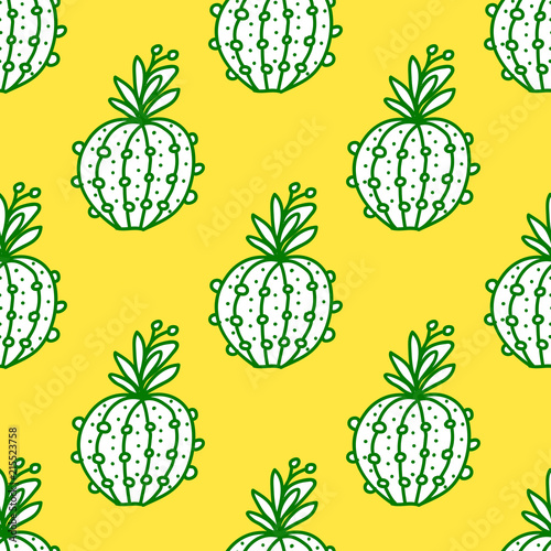 Cute hand-drawn seamless pattern with cactus. Vector illustration isolated on yellow