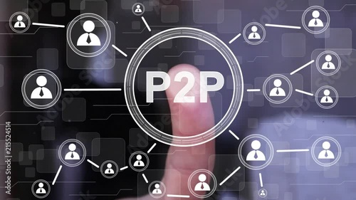 Businessman presses button with text P2P Peer-to-peer icon on virtual digital electronic user interface.