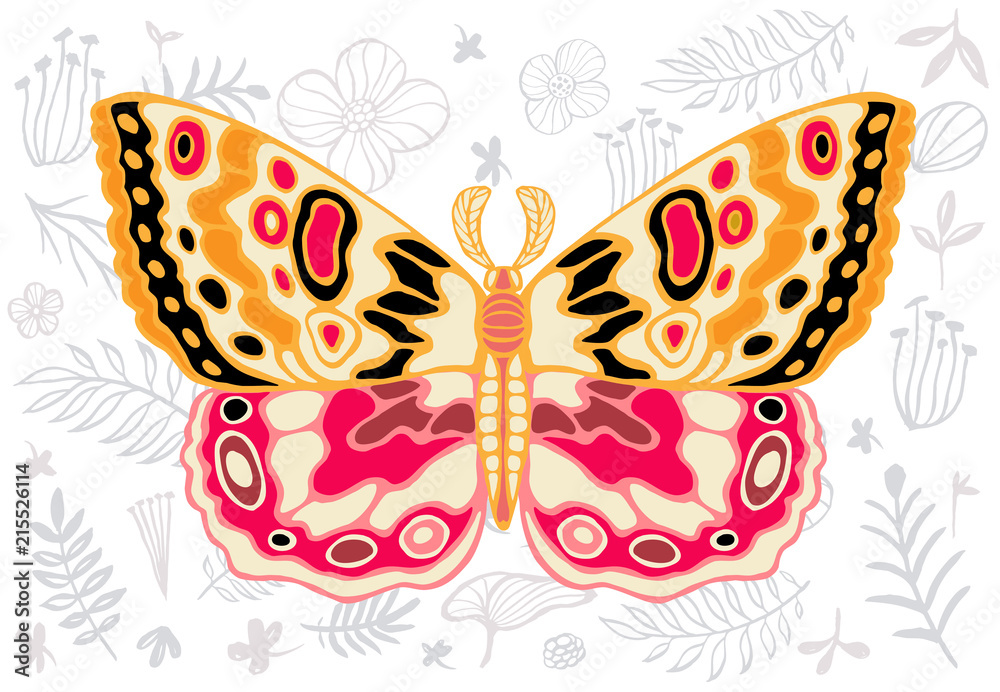 Night tropical moths hawkmoth on floral background, butterfly vector insect, vintage style, wings, flowers, skull, leaves.