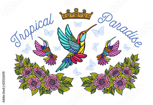 Hummingbirds butterflies crown roses embroidery patch fashion tropical paradise.