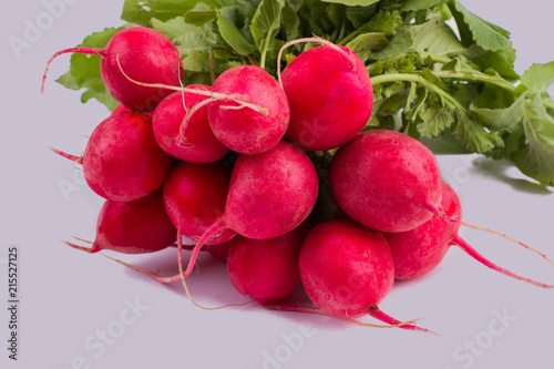 Bunch of fresh red radishes on white isolated background. CLose up. Organic fresh vegetables.