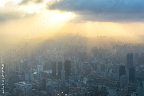 panoramic city skyline in shanghai china during sunset