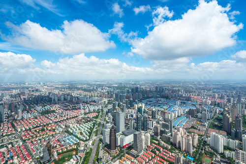 panoramic city skyline in shanghai china during sunset