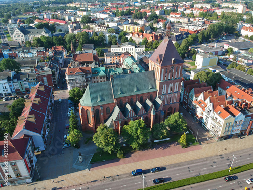 Aerial view on Koszalin city, old town, city center, green city, cathedral