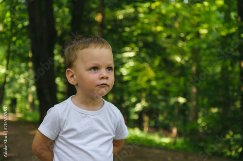 Portrait of a boy in a white T-shirt against a background of green leaves