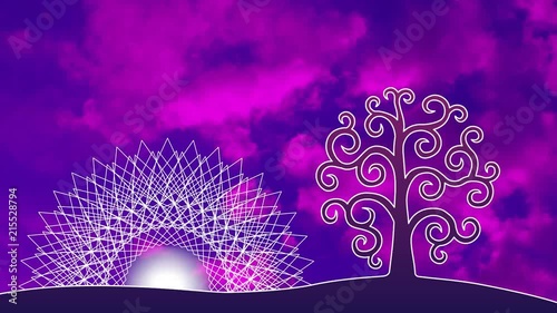 Openwork mandala with an aum / om / ohm sign against the sky in a blue and purple tonality. In the center of the mandala - the sun  Rotation of the mandala and the movement of clouds. Video.