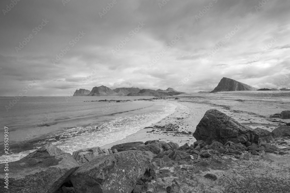 Black and white image of Storsandnes Beach, Lofoten Islands, Norway