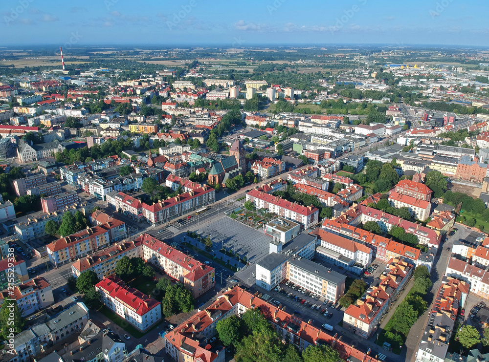 Aerial view on center of Koszalin city with city hall and cathedral