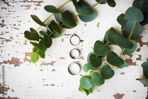 beautiful old ring on a white table with a sprig of eucalyptus photo