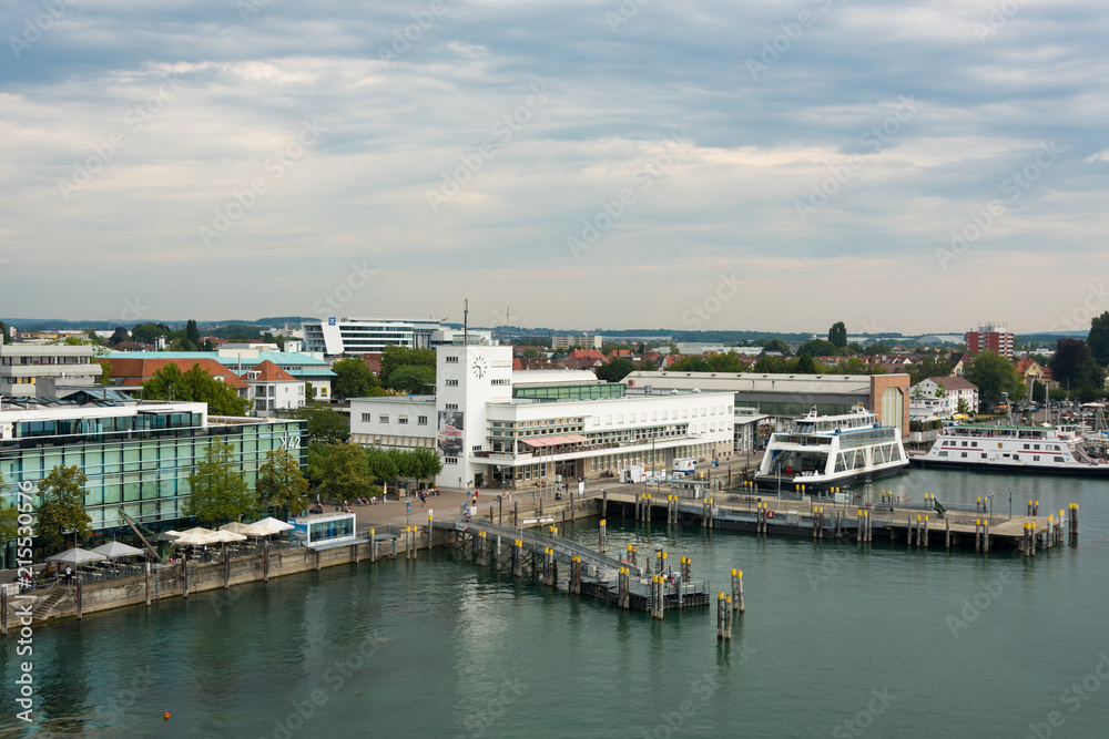 View of them Ship and ferry jetty in the harbour of Friedrichshafen at Lake Constance from the viewing tower