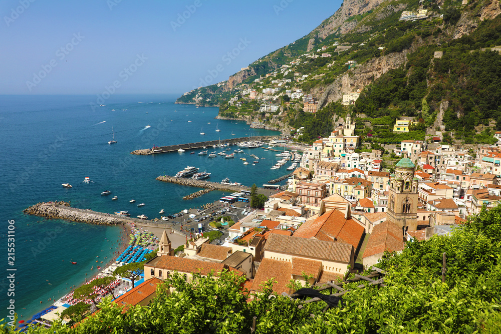 Beautiful aereial view of Amalfi town and port at Amalfi Coast, Italy