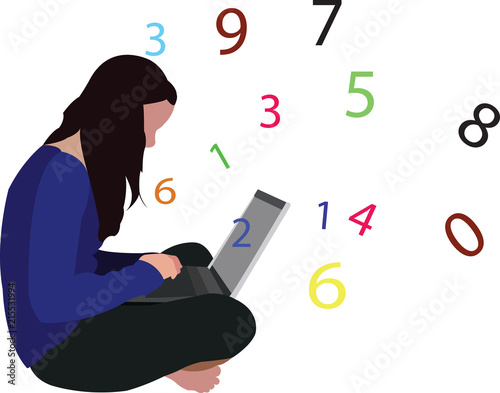 ragazza seduta con computer studia fa calcoli e statistiche