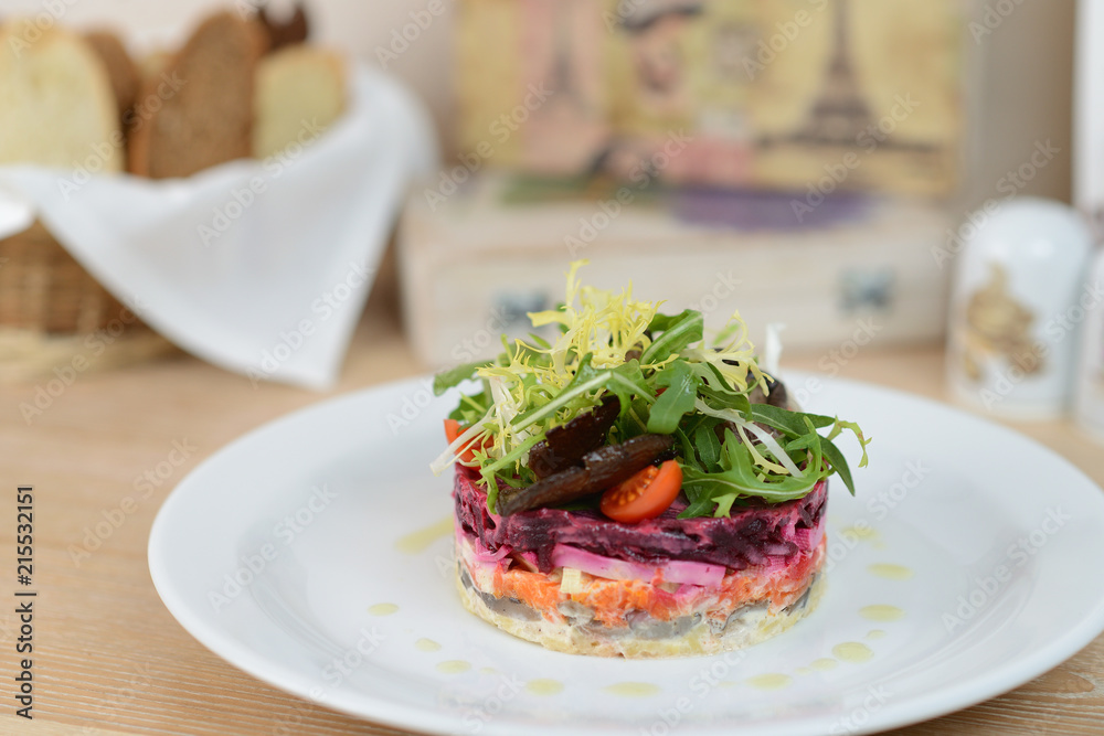 Salad with boiled vegetables. Vinaigrette. Russian cuisine. Vegetarian food.