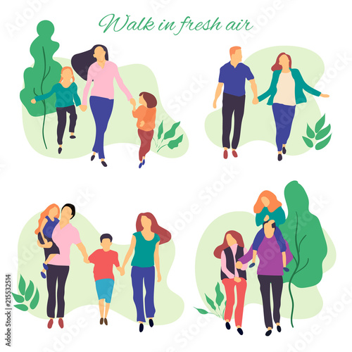 Walk in fresh air. Vector stylized illustration of active young family. Healthy lifestyle.People in the park vector flat illustration.