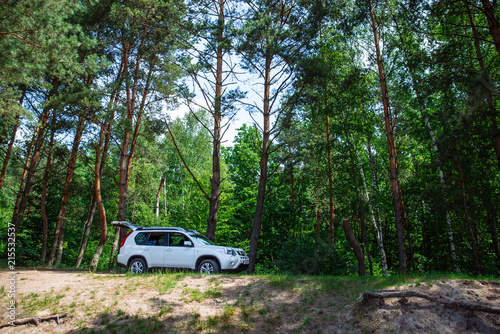 white suv in forest. car travel concept. lifestyle