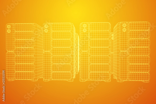 Hardware equipment telecommunication server. Data center storage room object. Computer database tower. Internet industry cluster. Wireframe low poly mesh vector illustration