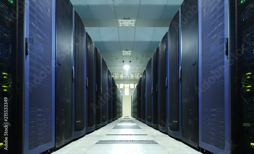 network server room with computers for digital communications and internet,abstract data concept,