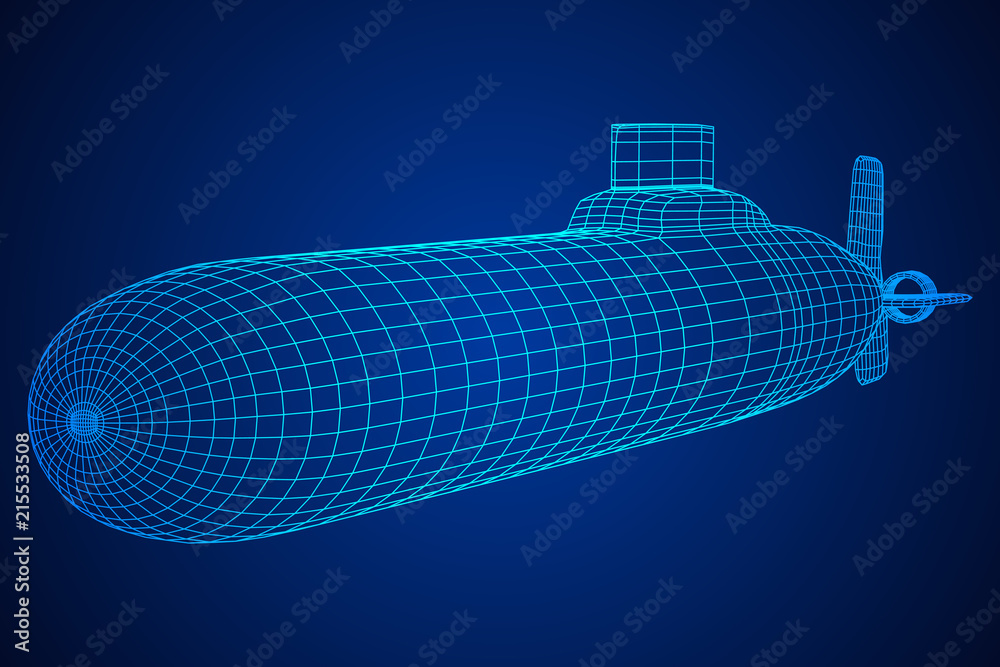 Obraz premium Military atomic submarine underwater boat. Wireframe low poly mesh vector illustration
