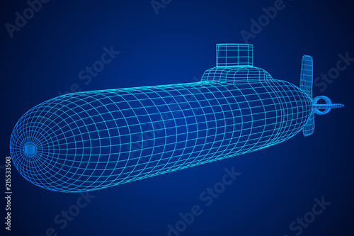 Military atomic submarine underwater boat. Wireframe low poly mesh vector illustration