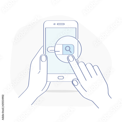 Mobile web search, search bar, web surfing, research. Mobile phone in the hands of user, he clicks on the smartphone search button