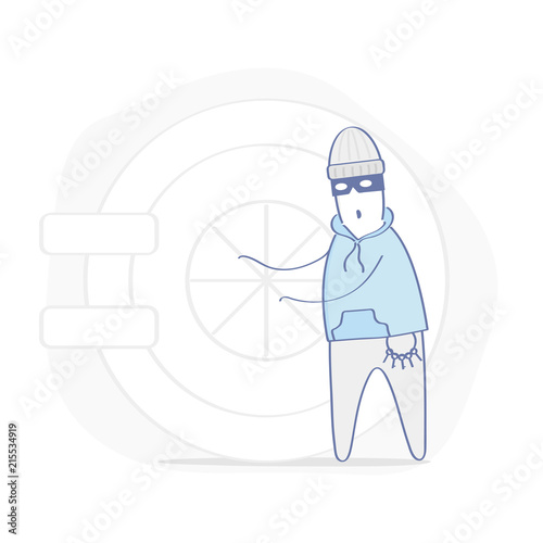 The robber, burglar, hacker, bandit in the mask and with keys tries to open a bank vault, robbery, financial crime concept