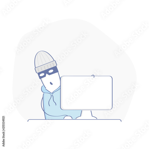The robber, burglar, hacker, bandit in the mask near computer screen. Computer hacking, cyber crime, phishing, fraud illustration concept. Cute flat outline criminal and secure cartoon character icon.