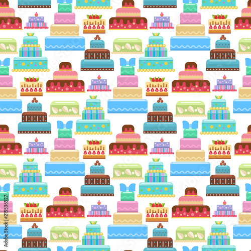 Cake pie tart Happy Birthday cartoon seamless pattern background vector illus...