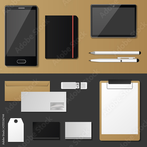 Corporate identity mock-up vector premium template set business office stationery realistic 3d mockup top view branding illustration.