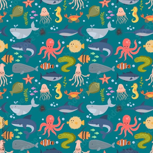 Sea animals vector creatures characters cartoon ocean wildlife marine underwater aquarium life water graphic aquatic tropical beasts seamless pattern background illustration.