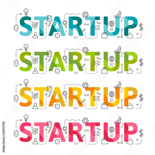 Startup word lettering set in low poly design with related thin line icons