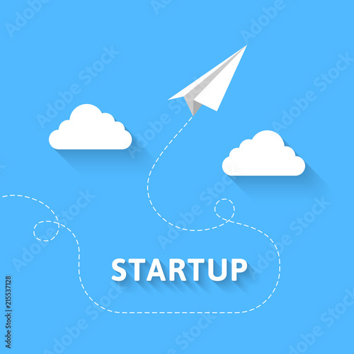 Startup concept with paper plane flying and soaring through the blue sky and white clouds. Vector illustration in minimalist style and flat design.