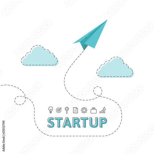 Startup concept with paper airplane and related icons. Abstract vector illustration in linear art.