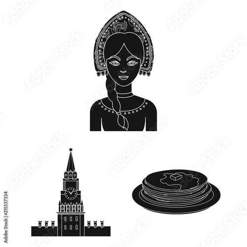 Country Russia, travel black icons in set collection for design. Attractions and features vector symbol stock web illustration.