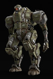 Sci-fi mech soldier standing on a black background. Military futuristic robot with a green and gray color metal. Mech controlled by a pilot. Scratched metal armor robot. Mech Battle. 3D rendering.